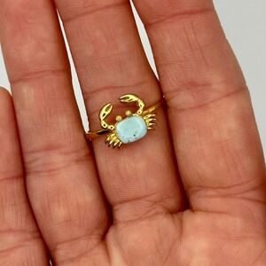 Dainty Larimar Ring Crab Zodiac 18K Gold over Sterling Silver Blue Stone Size 9